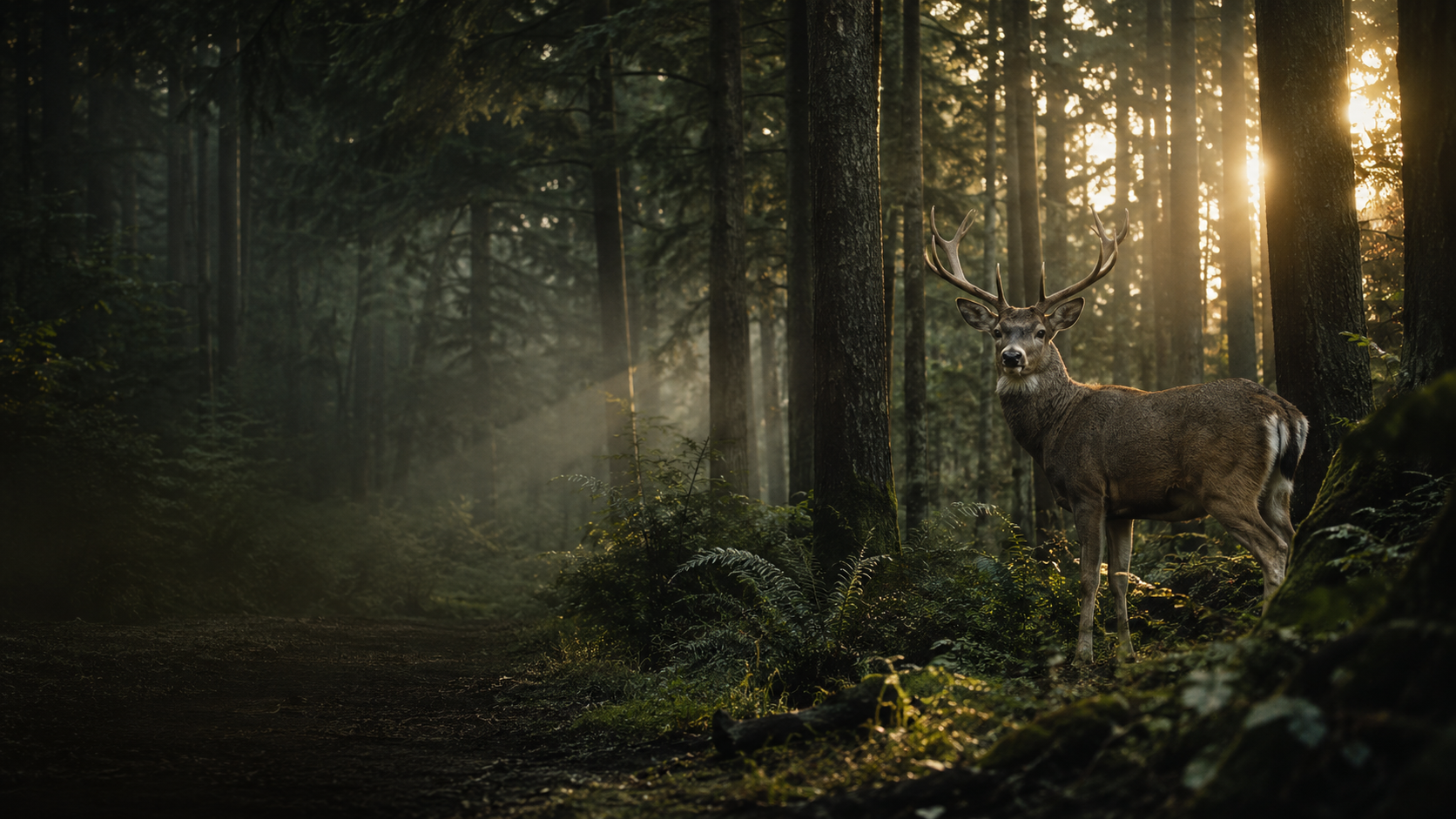 Deer standing in a woodland environment at sunrise