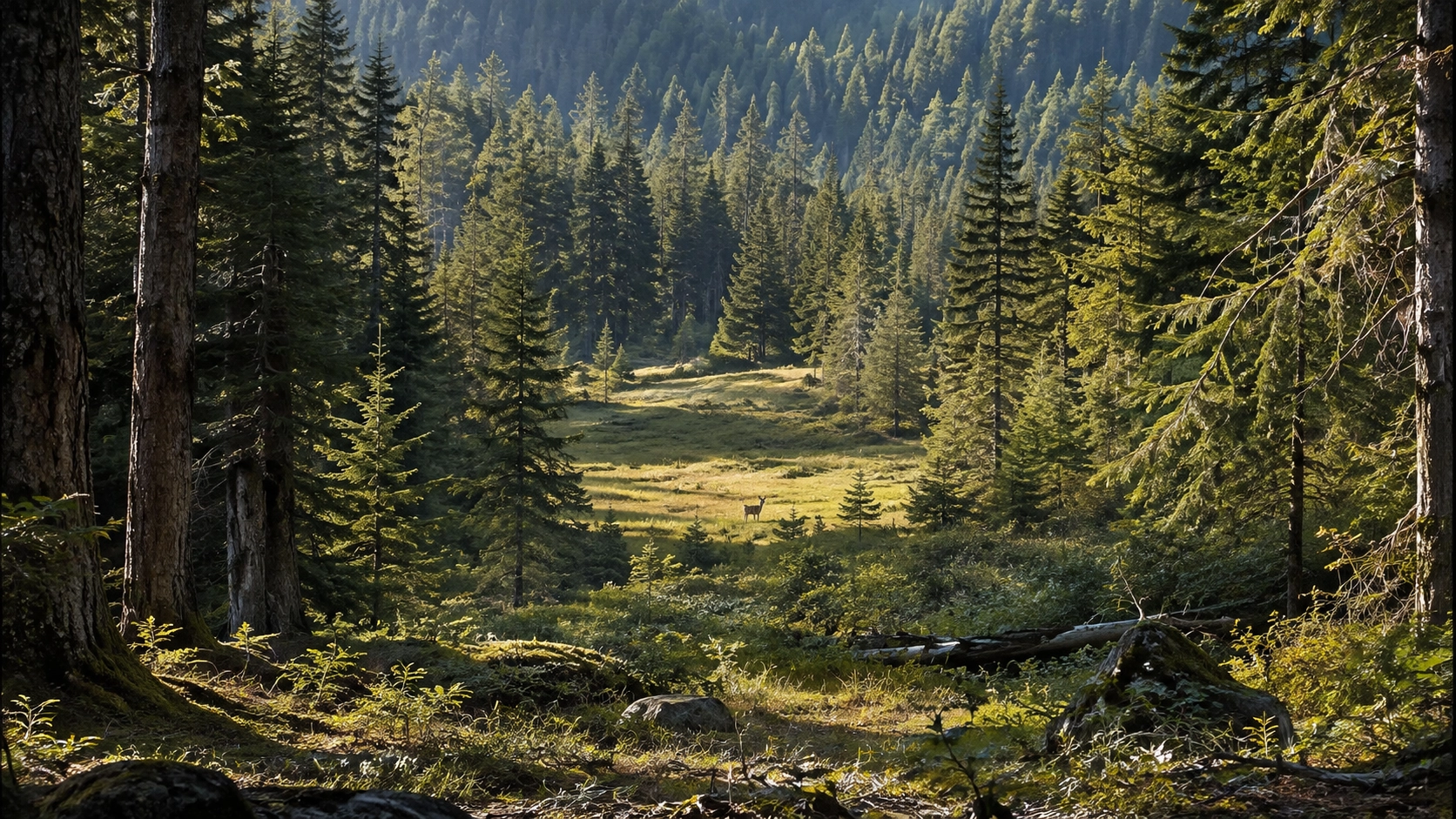Deer visible across an open woodland clearing viewed from a forest position