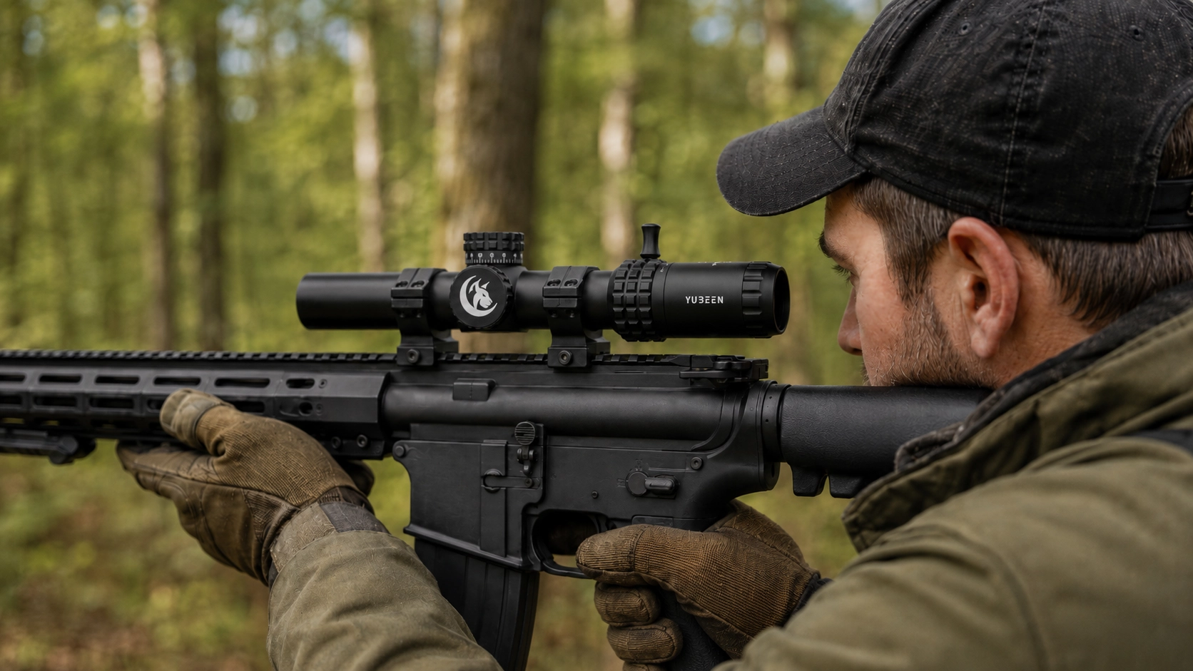 User observing through a Yubeen optical riflescope in a woodland environment