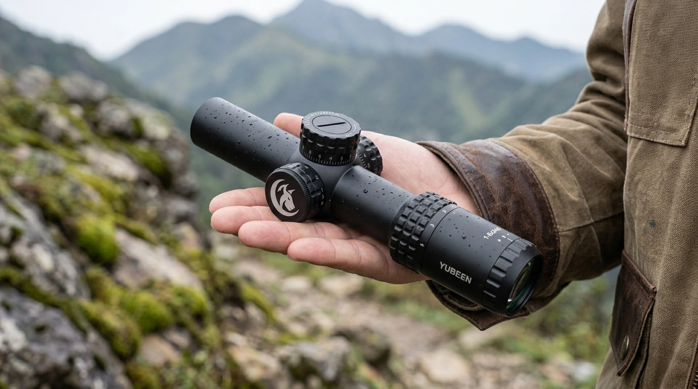 Yubeen optical riflescope held during outdoor field preparation in mountain terrain
