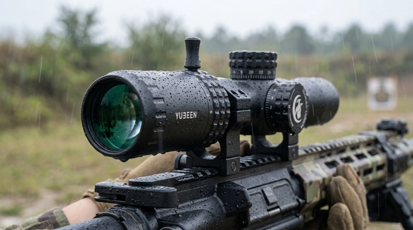 Yubeen optical riflescope covered with rain droplets during wet field conditions