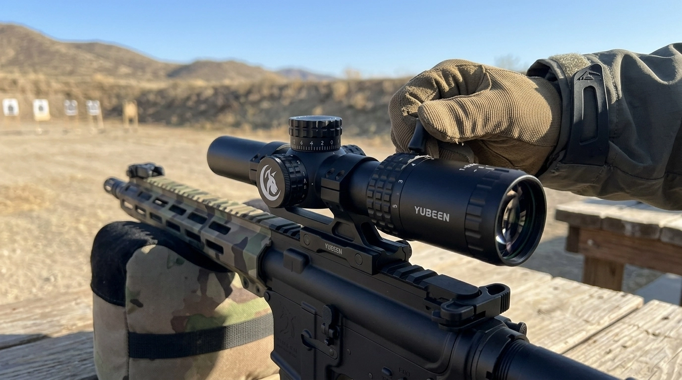 Yubeen ED3-15×50 SFIR FFP riflescope mounted for outdoor range use