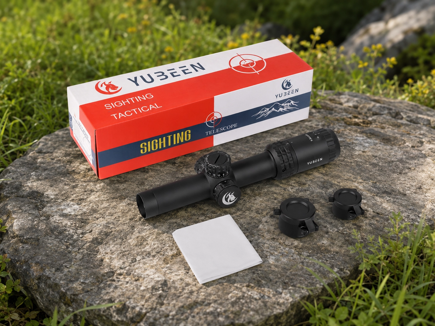 Yubeen ED3-15×50 SFIR FFP riflescope with product box and included equipment