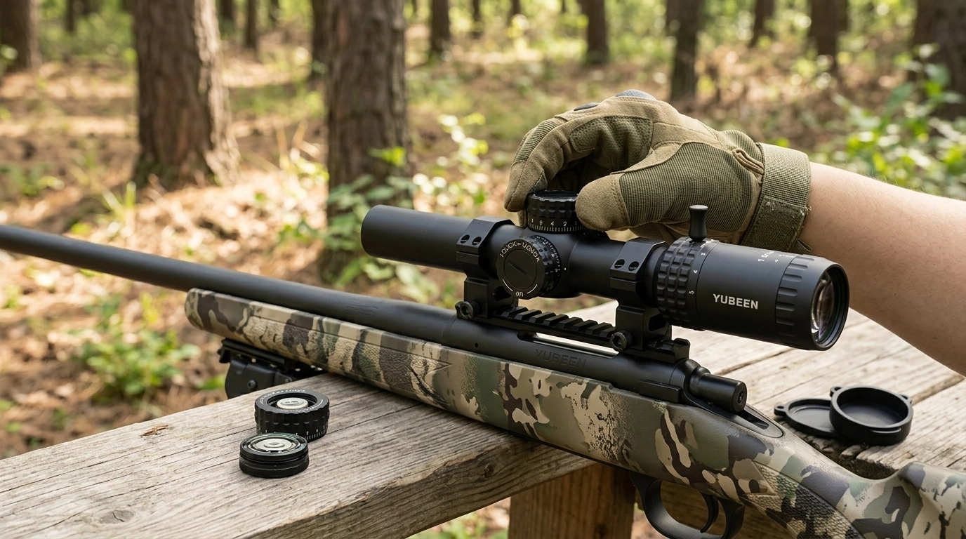 Yubeen ED3-15×50 SFIR FFP riflescope mounted in a woodland field environment