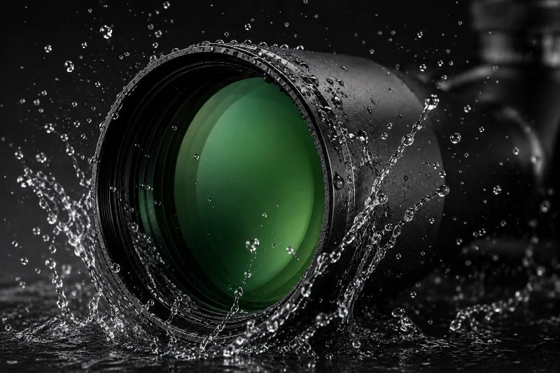 Water splashing around an optical riflescope objective lens