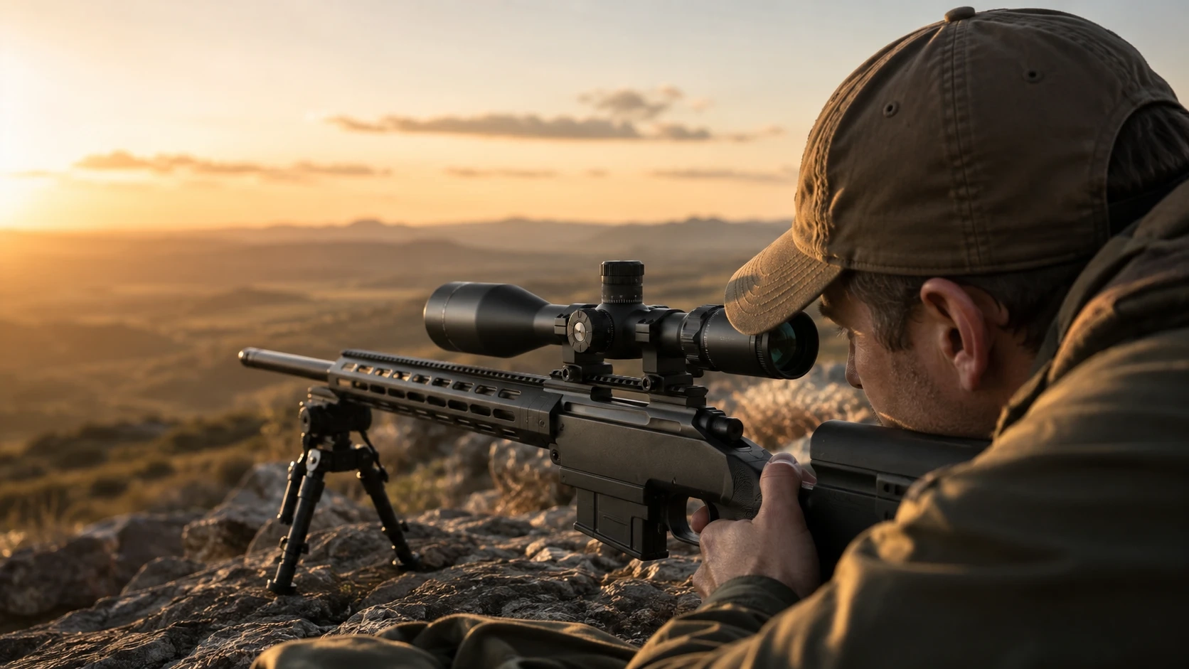 Precision shooter using an optical riflescope at sunset