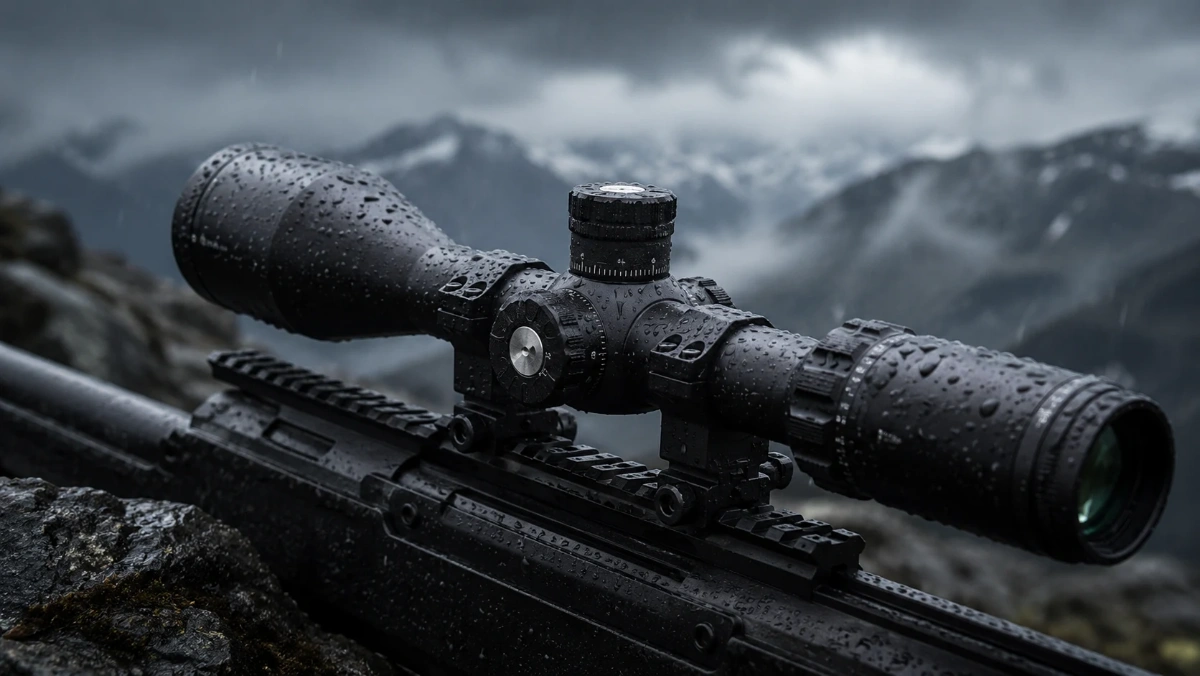 Optical riflescope covered with rain droplets in mountain weather