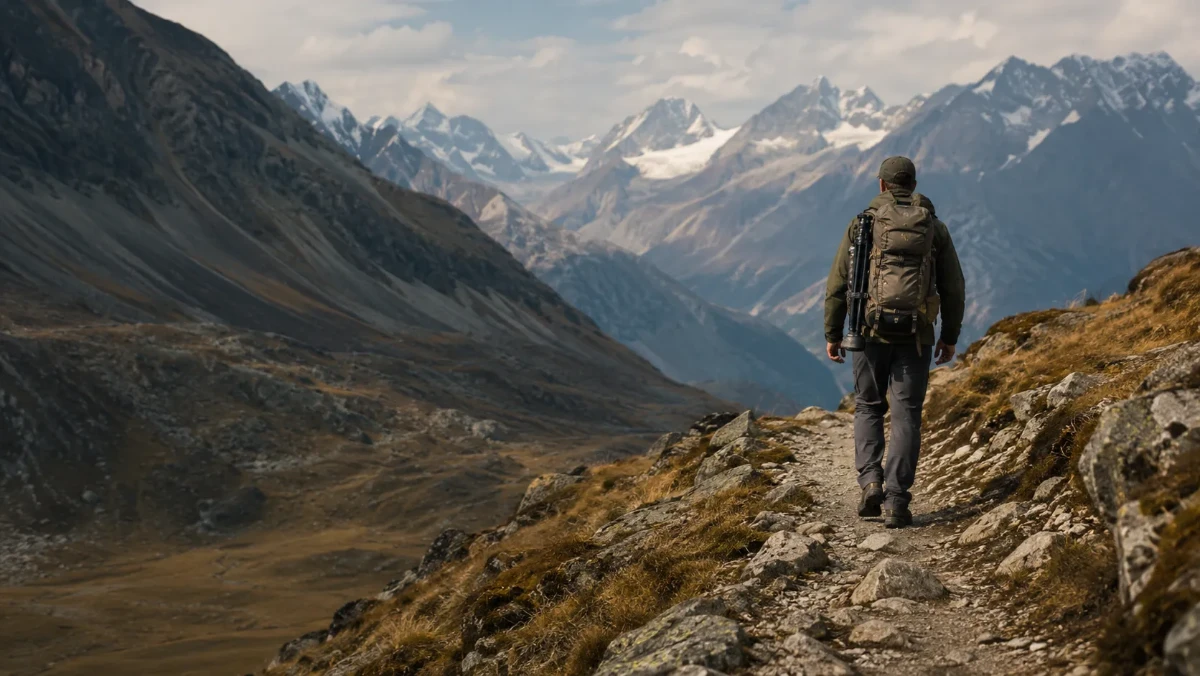 Outdoor user carrying field equipment through mountain terrain