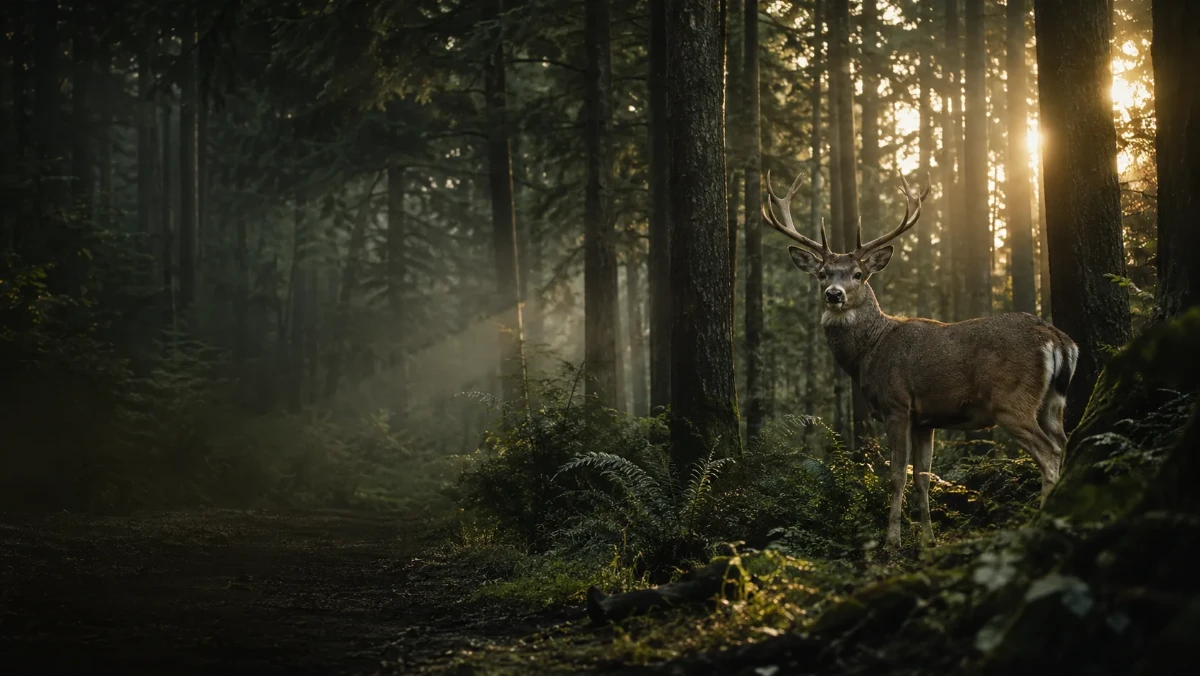 Deer standing in a woodland environment at sunrise