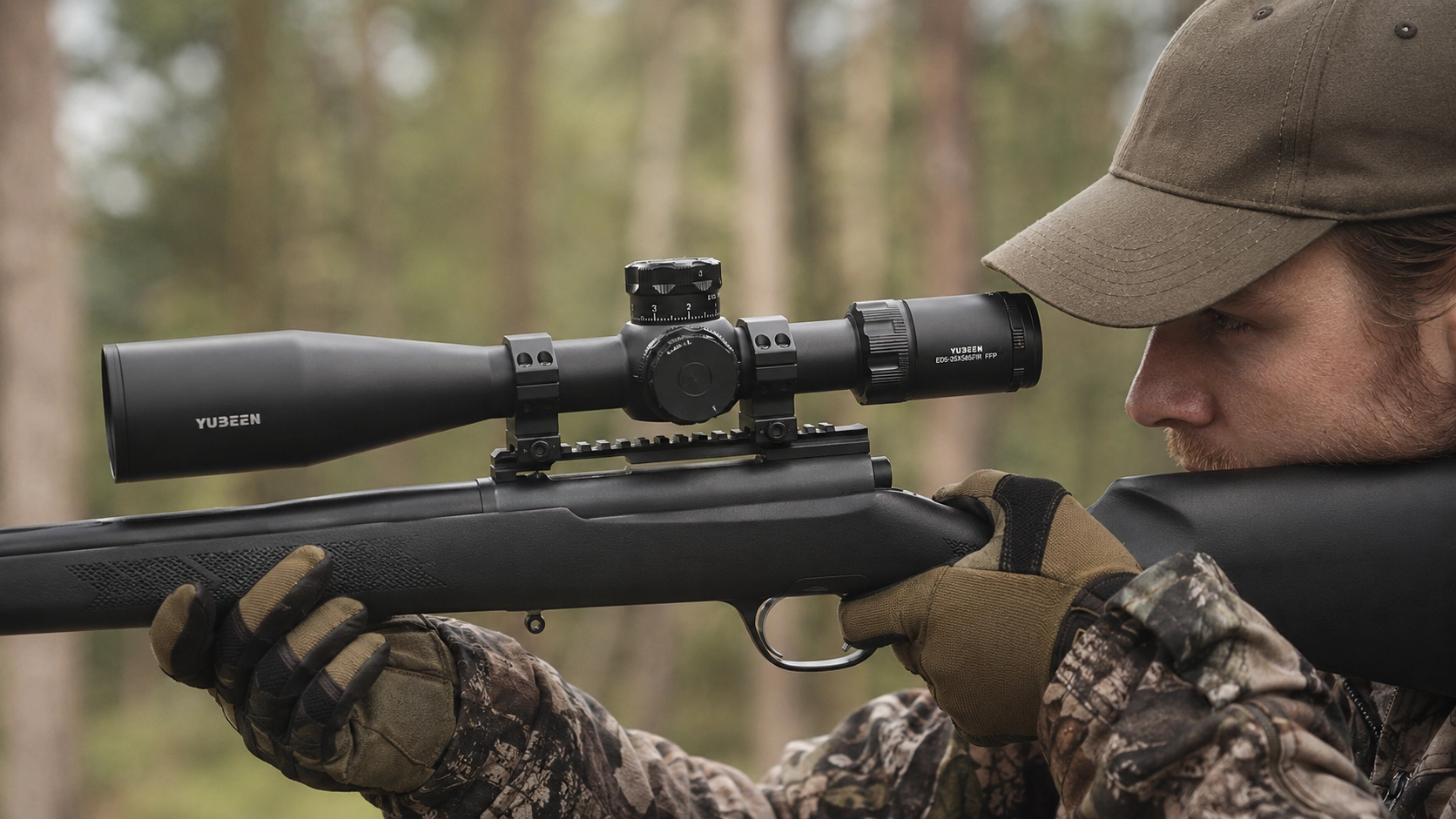 Hunter aiming with a Yubeen ED5-25×56 SFIR FFP riflescope in woodland