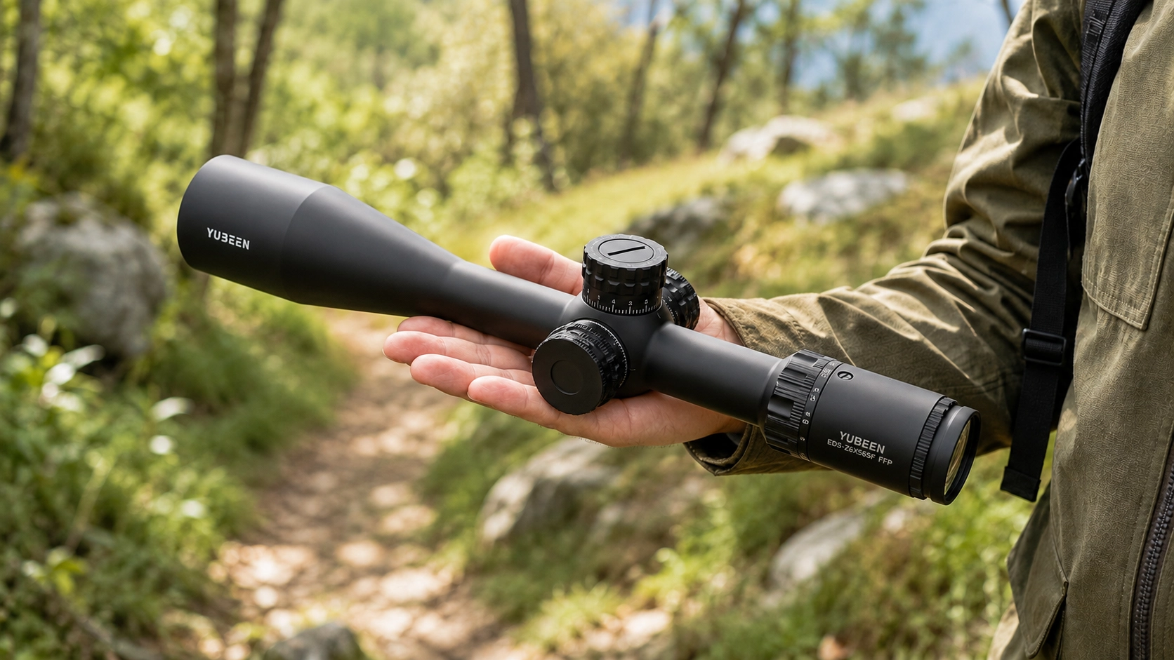 Yubeen ED5-25×56 SFIR FFP riflescope held outdoors for field setup