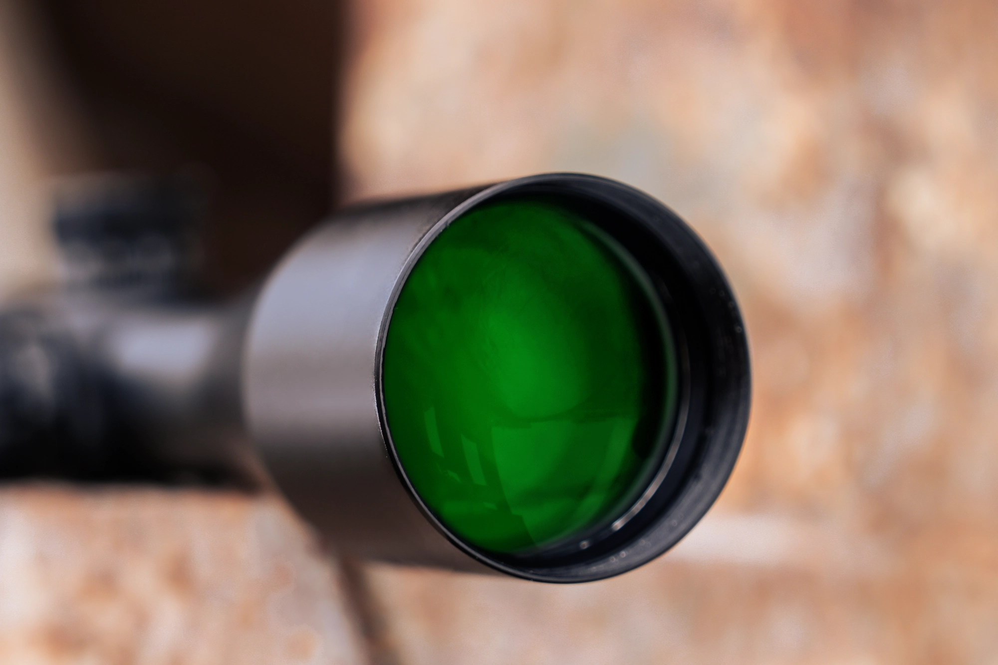 Close detail of the optical riflescope objective lens