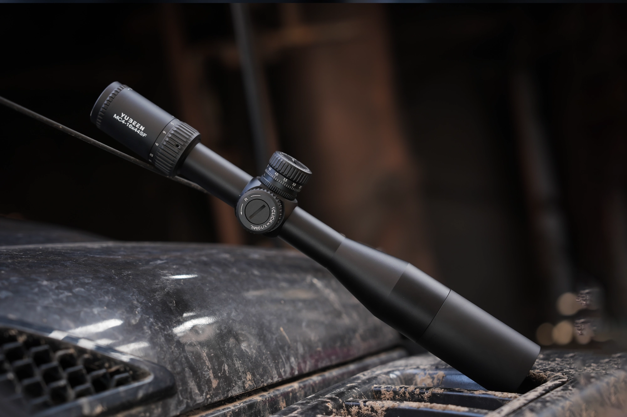 Optical riflescope mounted in a mountain field environment