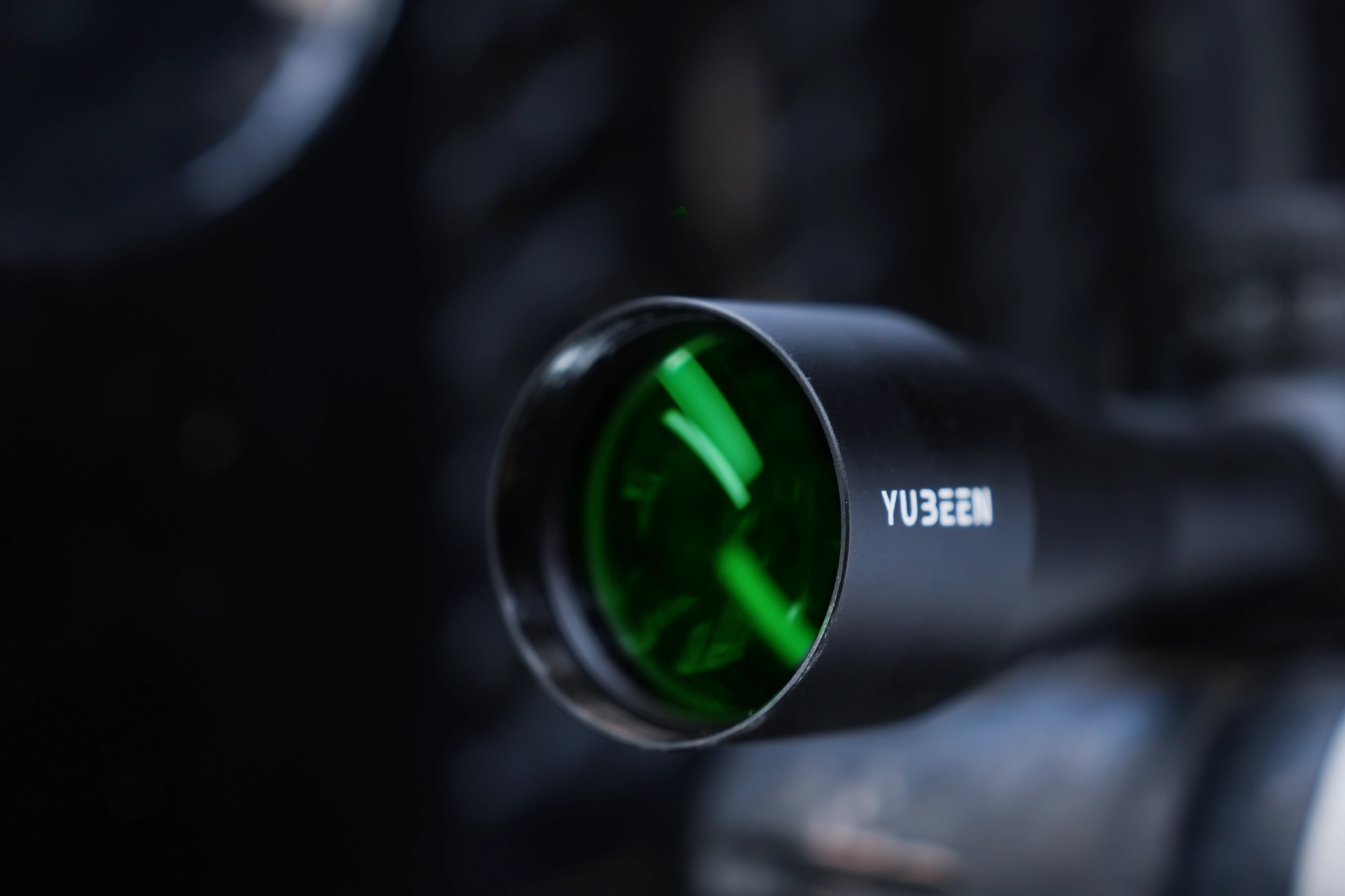 Close detail of the optical riflescope objective lens