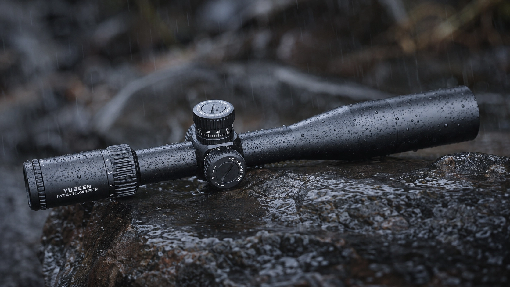Yubeen MT4-16×44 SF FFP riflescope shown in wet outdoor conditions
