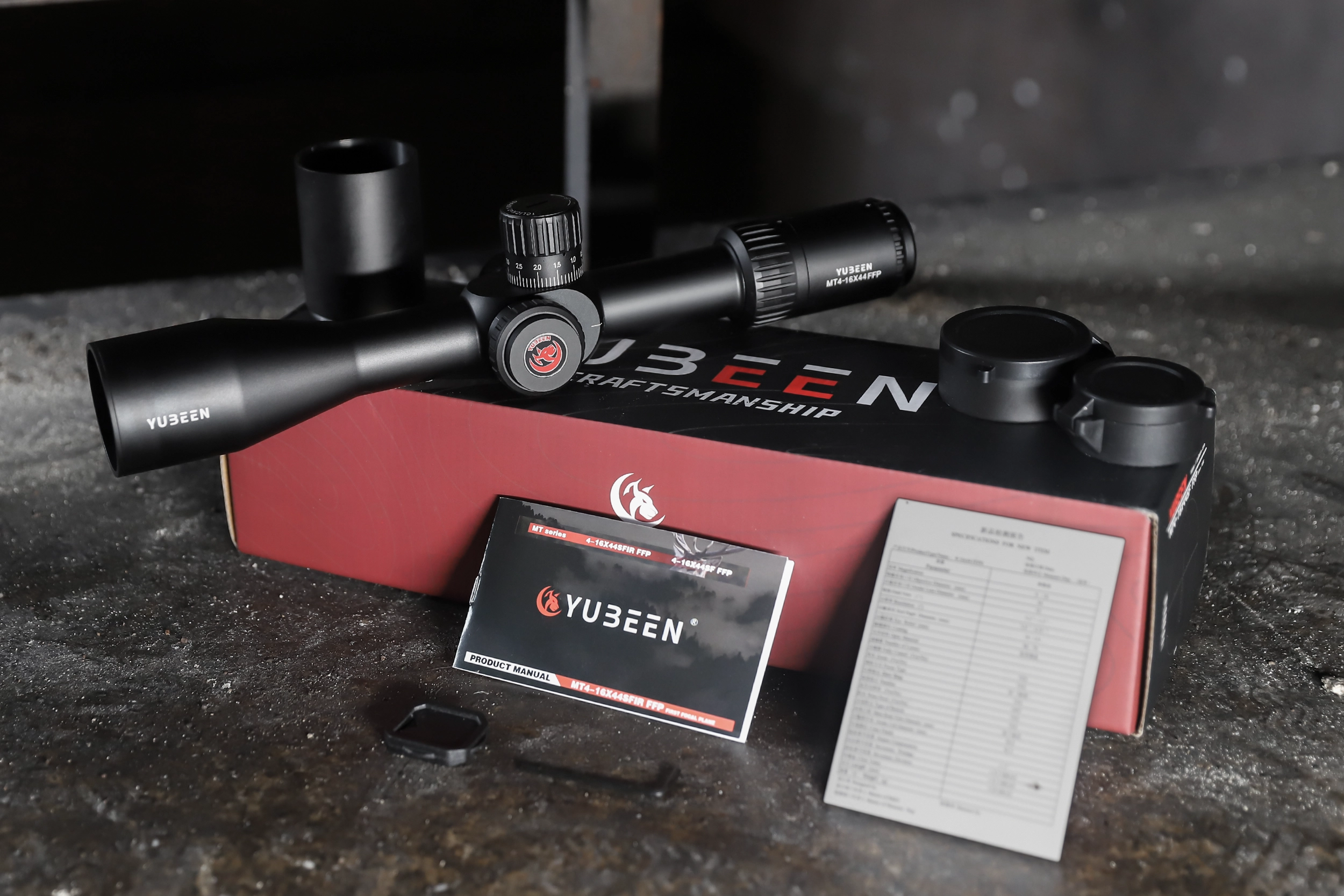 Yubeen MT4-16×44 SF FFP riflescope package and accessory presentation
