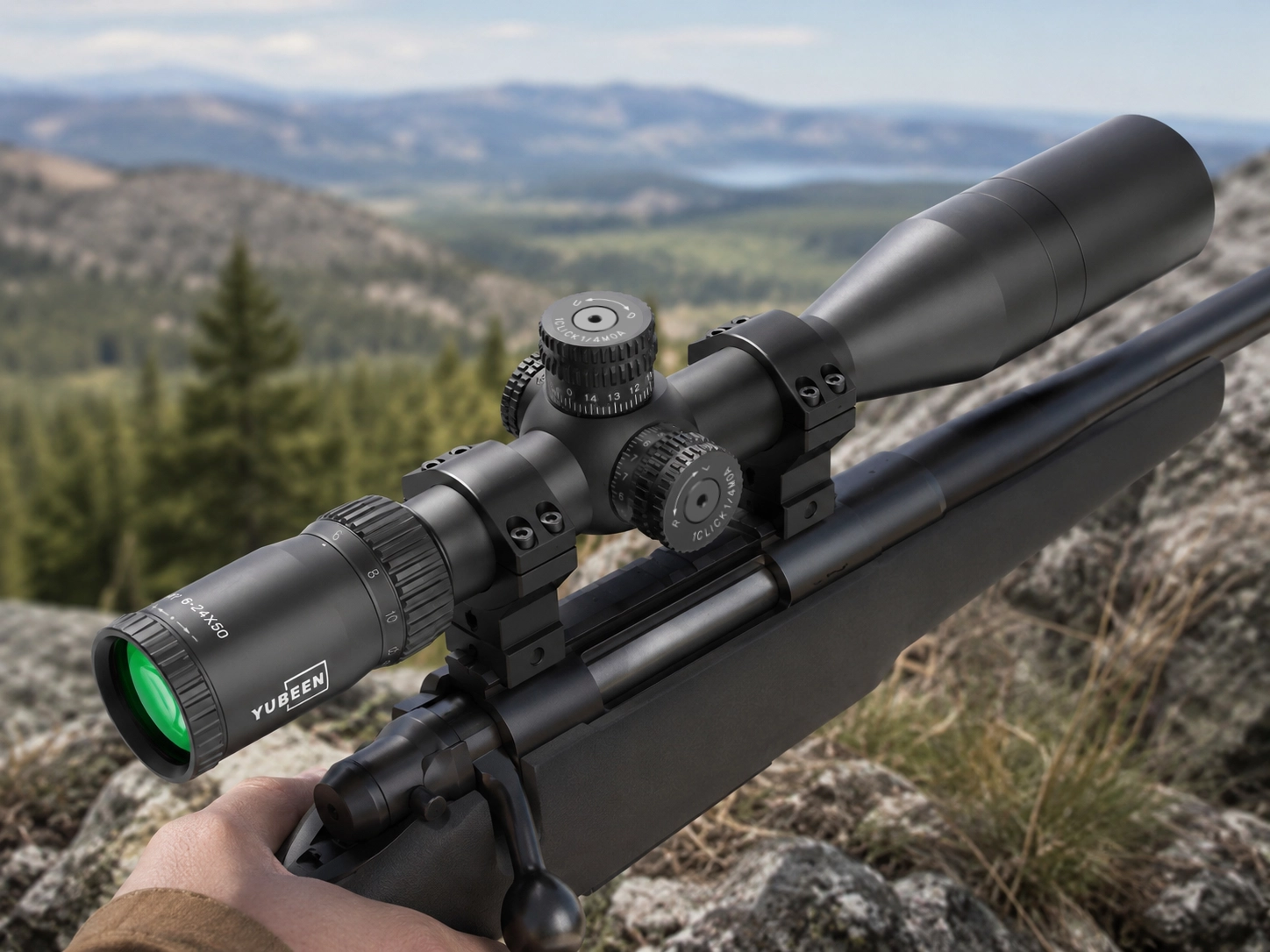 Precision shooter using the Yubeen PT6-24×50 SF SFP riflescope in the field