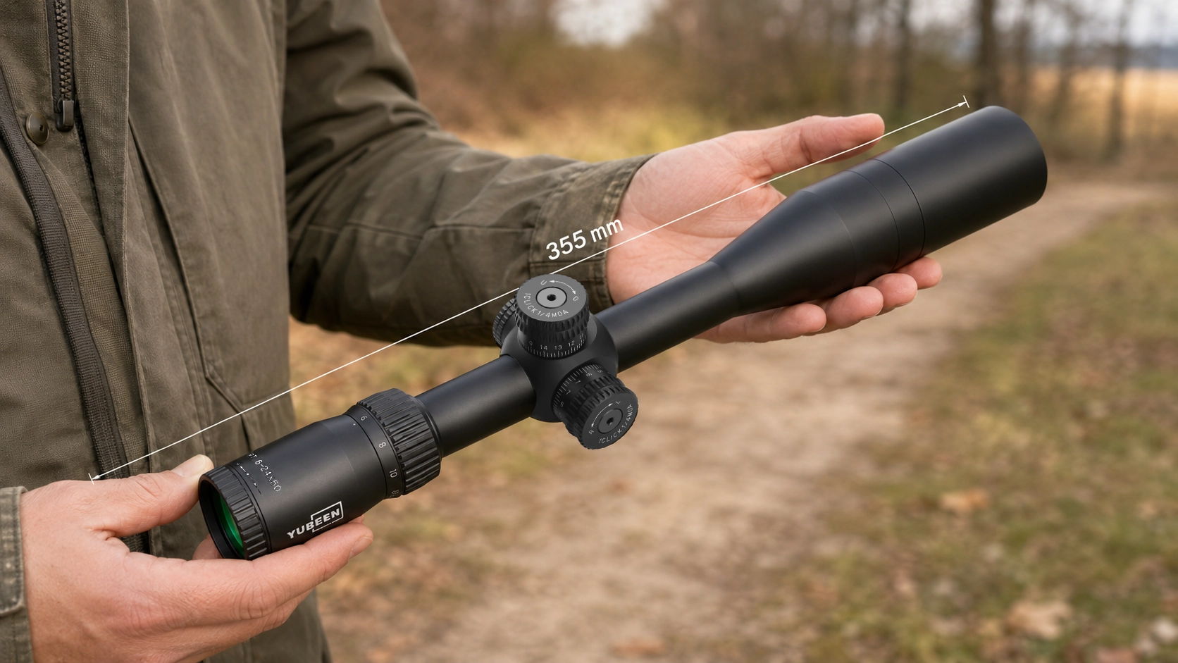 Yubeen PT6-24×50 SF SFP riflescope shown diagonally for dimensional reference