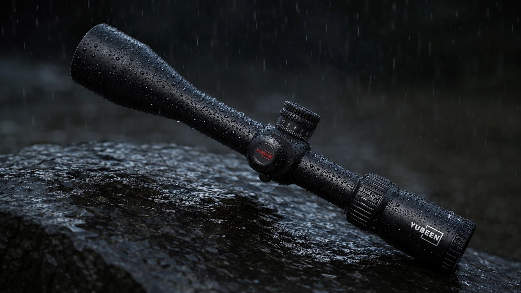 Yubeen PT6-24×50 SF SFP riflescope shown in wet outdoor conditions