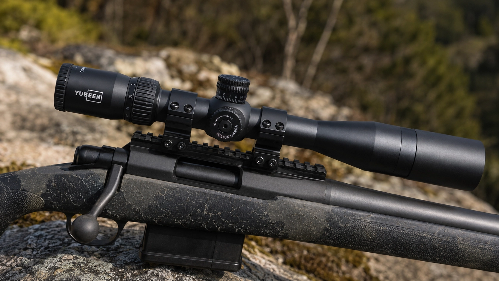 Yubeen PT6-24×50 SF SFP riflescope in a rugged outdoor setting