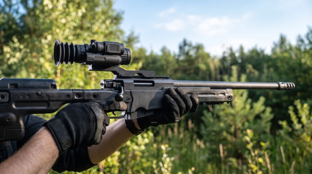 Thermal clip-on mounted in front of a daytime riflescope