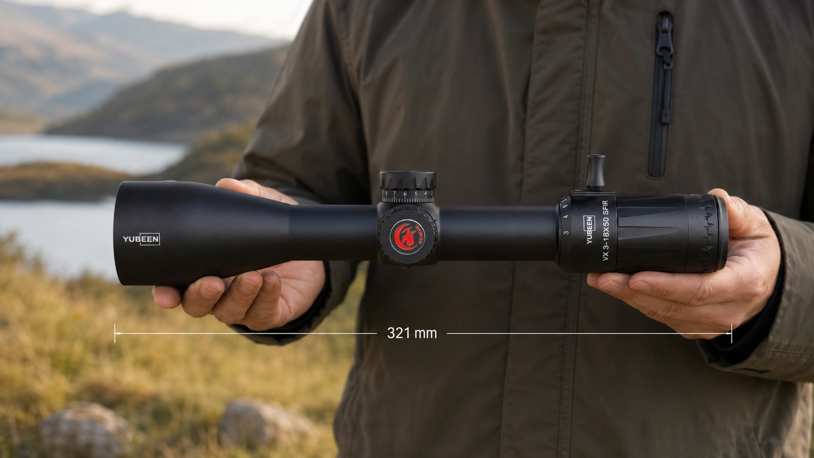 Yubeen VX3-18×50 SFIR riflescope shown horizontally for dimensional reference