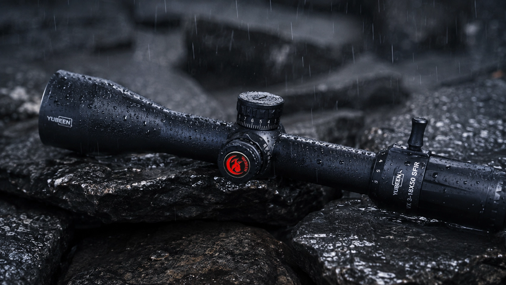 Yubeen VX3-18×50 SFIR riflescope shown in wet outdoor conditions