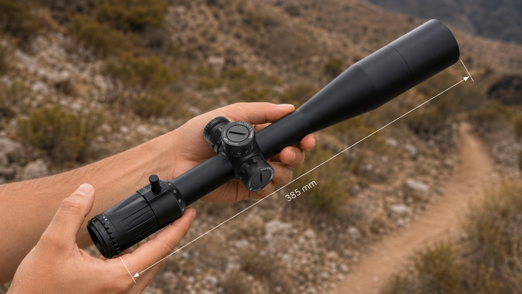 Yubeen VX5-25×50 SFIR SFP riflescope shown diagonally for dimensional reference