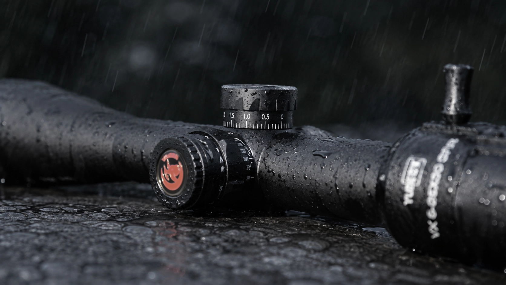 Yubeen VX5-25×50 SFIR SFP riflescope shown in wet outdoor conditions