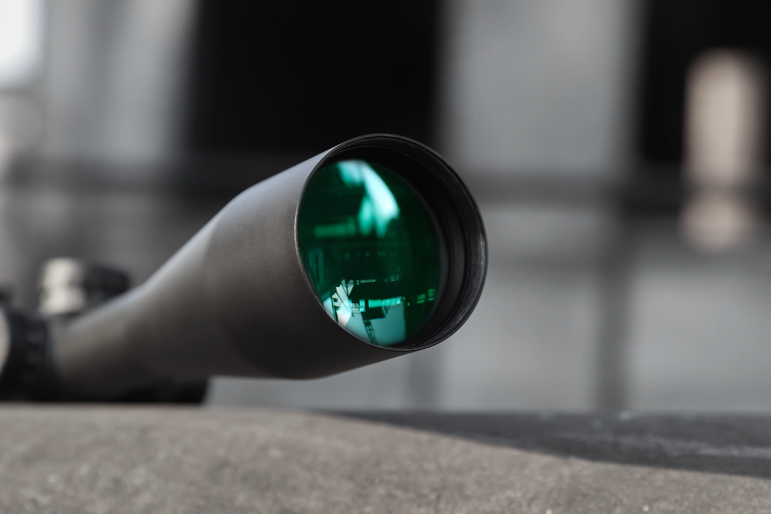 Close detail of the optical riflescope objective lens