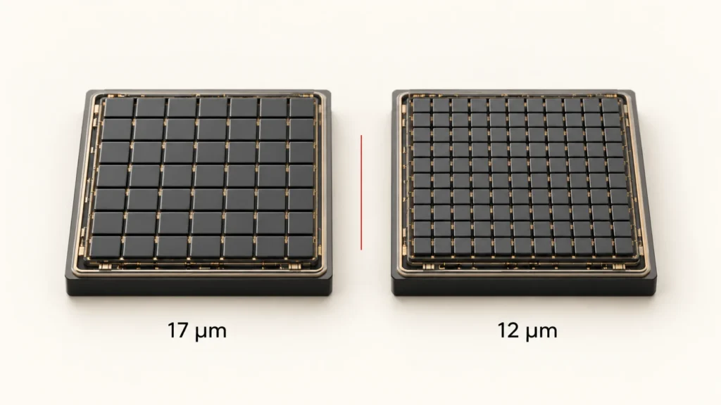 Diagram comparing 12 micrometer and 17 micrometer thermal detector pixel pitch