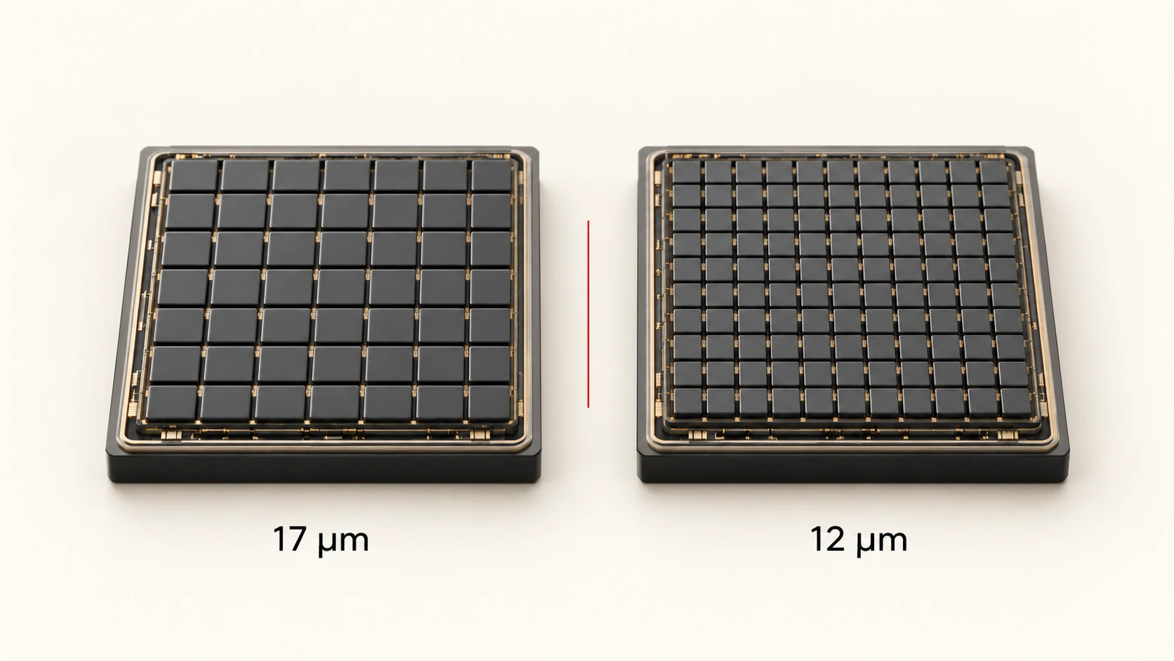 Diagram comparing 12 micrometer and 17 micrometer thermal detector pixel pitch