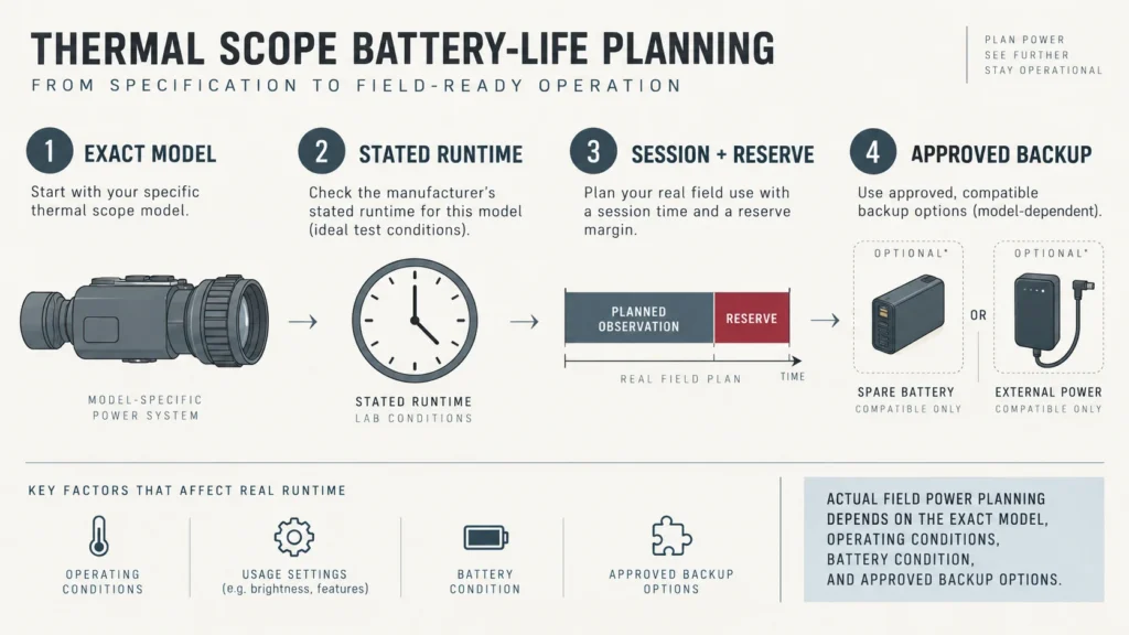 Thermal scope battery life planning for field use
