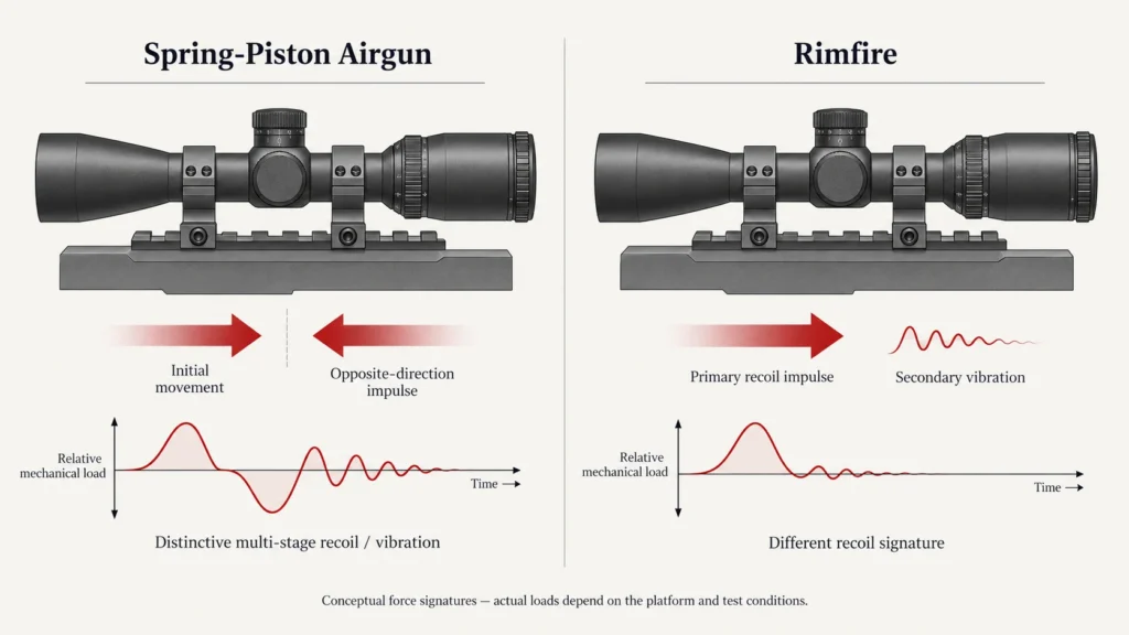 Conceptual comparison of scope recoil load patterns on spring-piston airgun and rimfire platforms