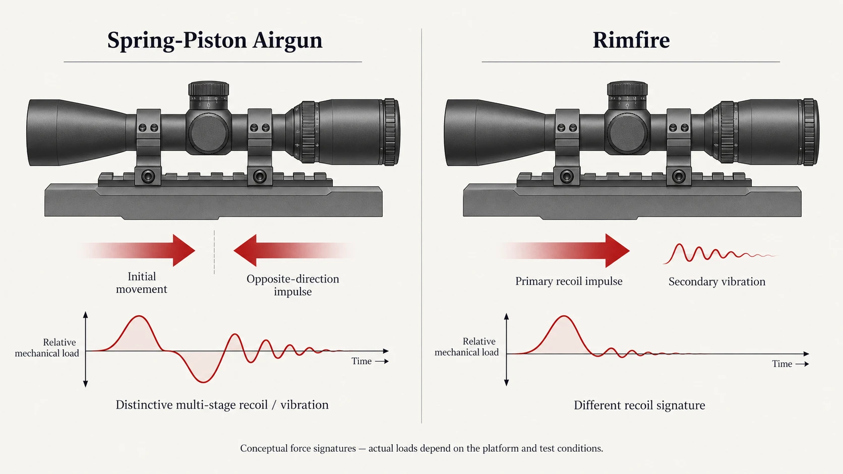Conceptual comparison of scope recoil load patterns on spring-piston airgun and rimfire platforms