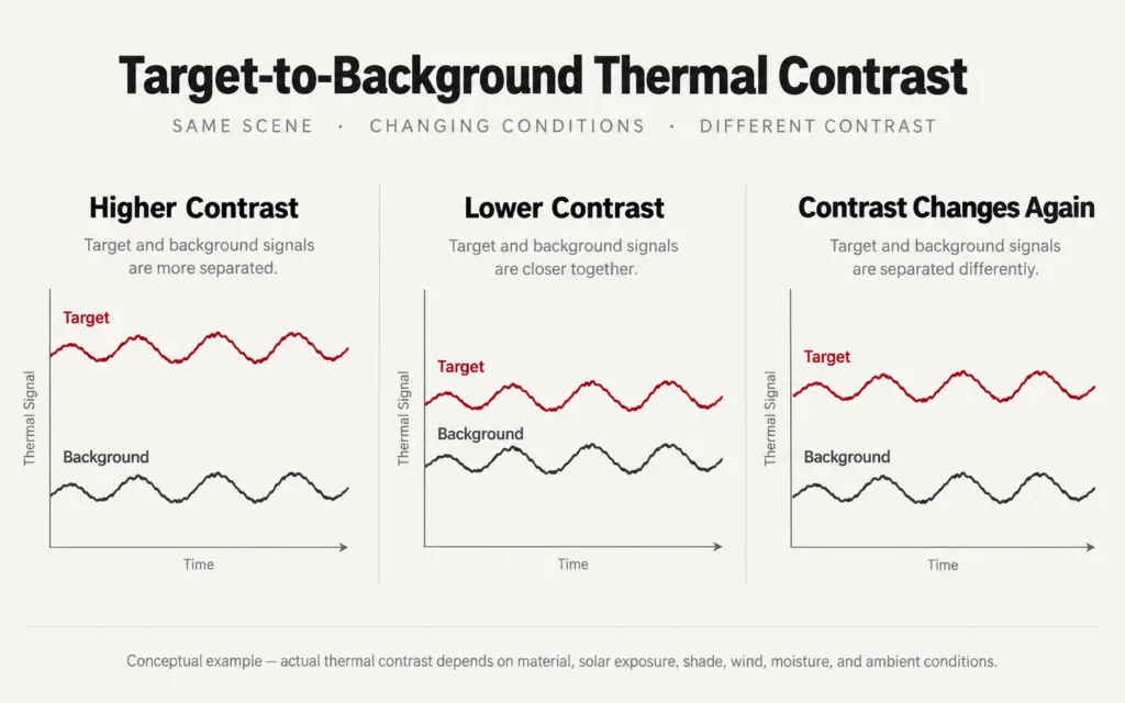 Conceptual diagram showing target-to-background thermal contrast changing with environmental conditions