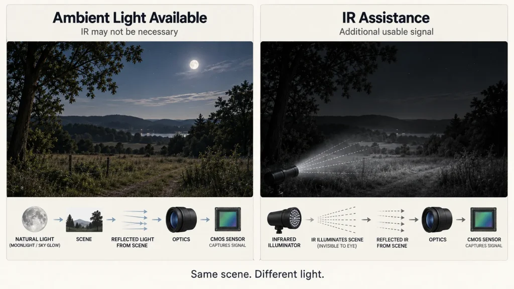 Ambient light and infrared assistance in digital night vision