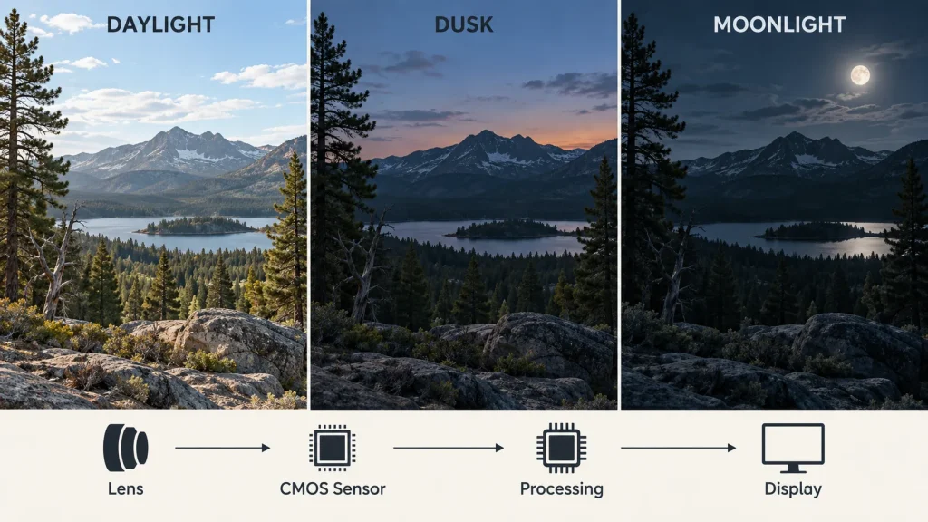 Daylight, dusk, and moonlight through the same digital imaging chain