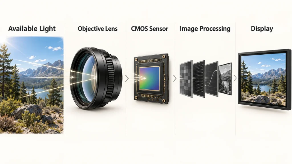 Digital night vision imaging chain using available daylight