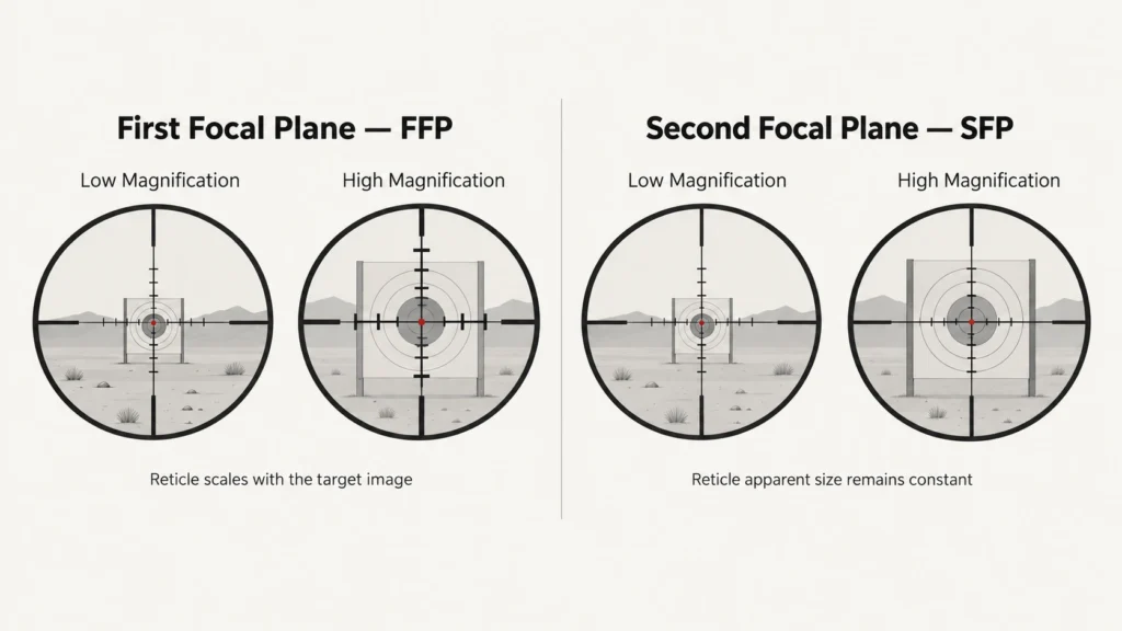 Conceptual comparison of first and second focal plane reticle behavior at different magnifications