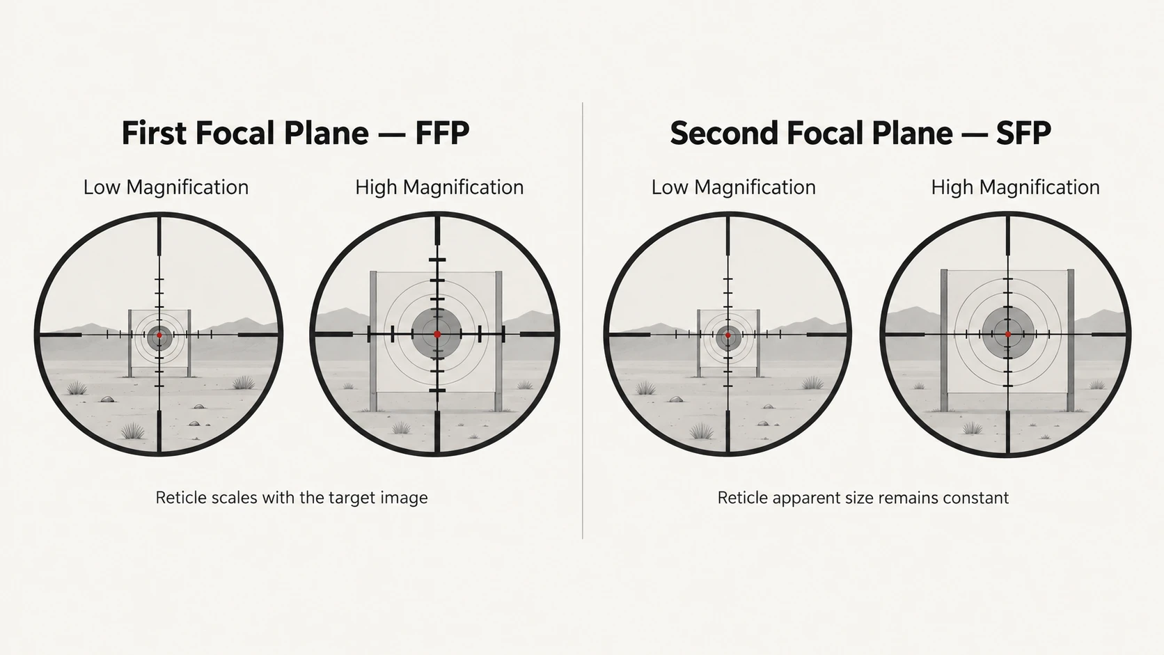 Conceptual comparison of first and second focal plane reticle behavior at different magnifications