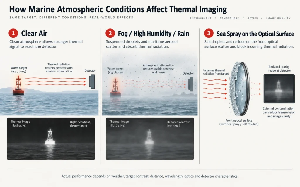 Diagram showing how fog humidity rain and sea spray can reduce marine thermal imaging performance