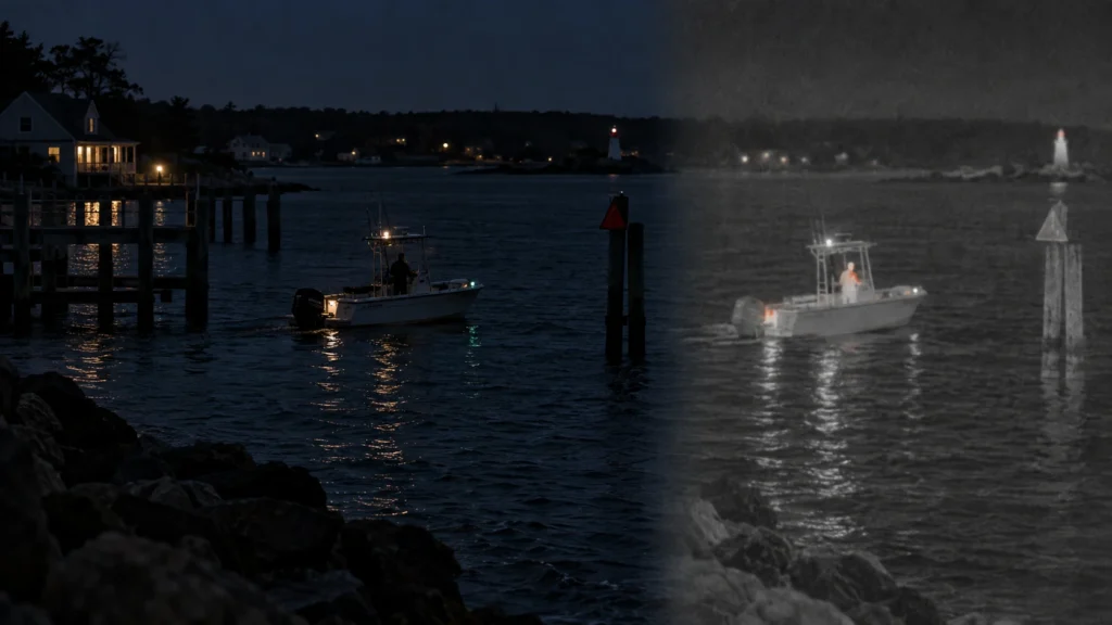 Nighttime harbor scene with a conceptual thermal overlay showing vessels and structures at the water surface