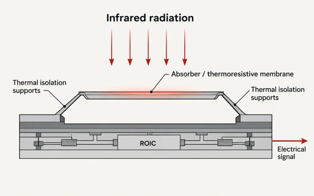 Diagram showing how an uncooled microbolometer pixel converts infrared energy into an electrical signal