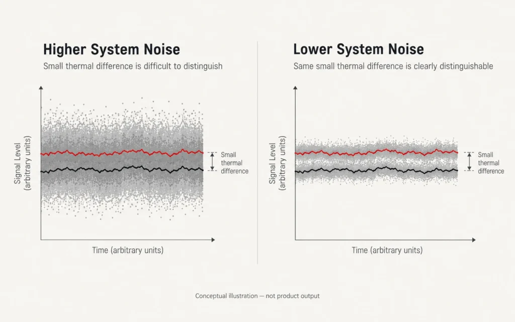 Conceptual diagram showing how lower noise helps distinguish small thermal signal differences