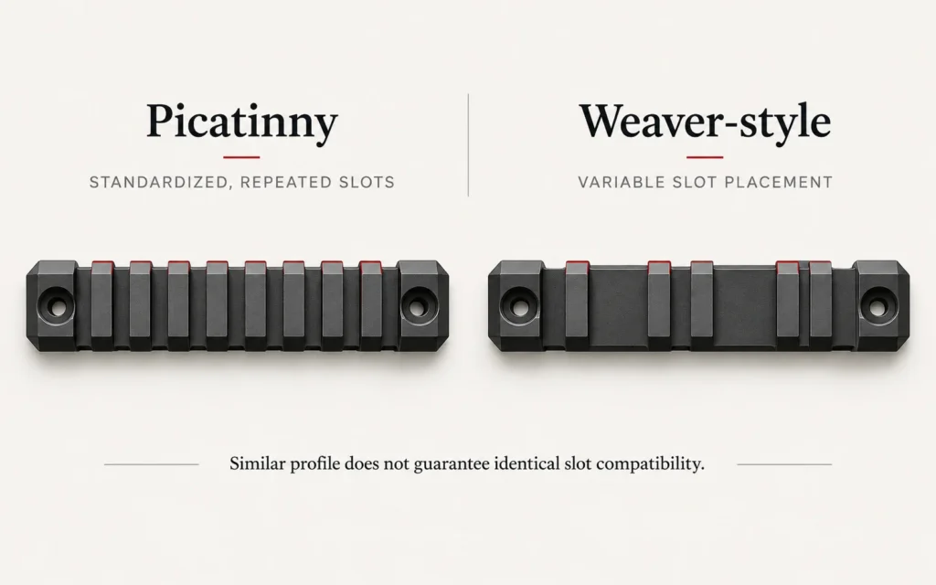 Conceptual comparison of Picatinny and Weaver-style rail slot patterns