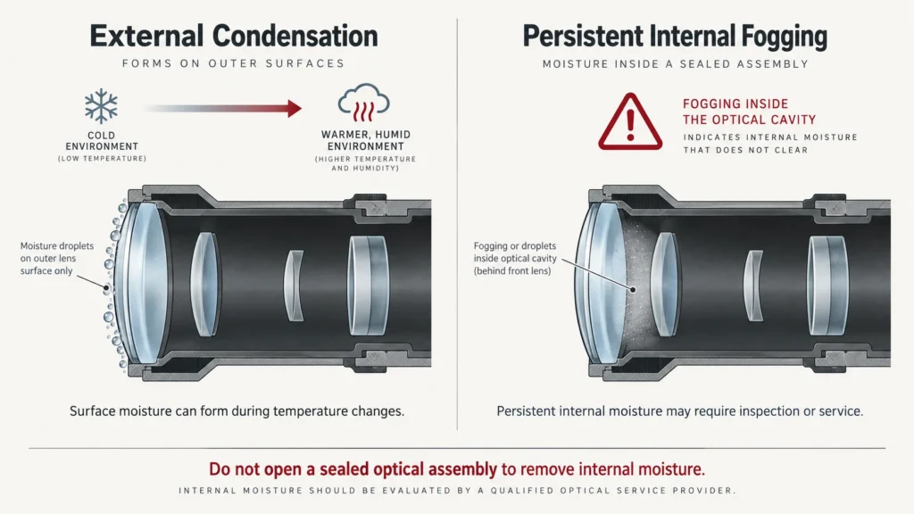 Diagram comparing external lens condensation with persistent internal fogging in a sealed riflescope