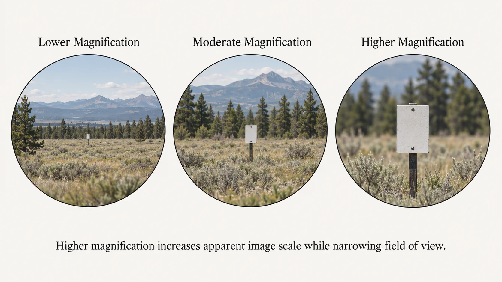 Conceptual comparison showing how riflescope magnification changes apparent subject size and field of view