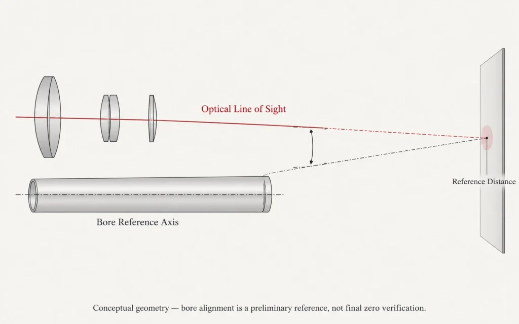 Conceptual diagram comparing riflescope line of sight with the bore reference axis