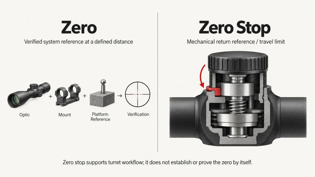 Diagram explaining the difference between a riflescope zero and a mechanical zero stop
